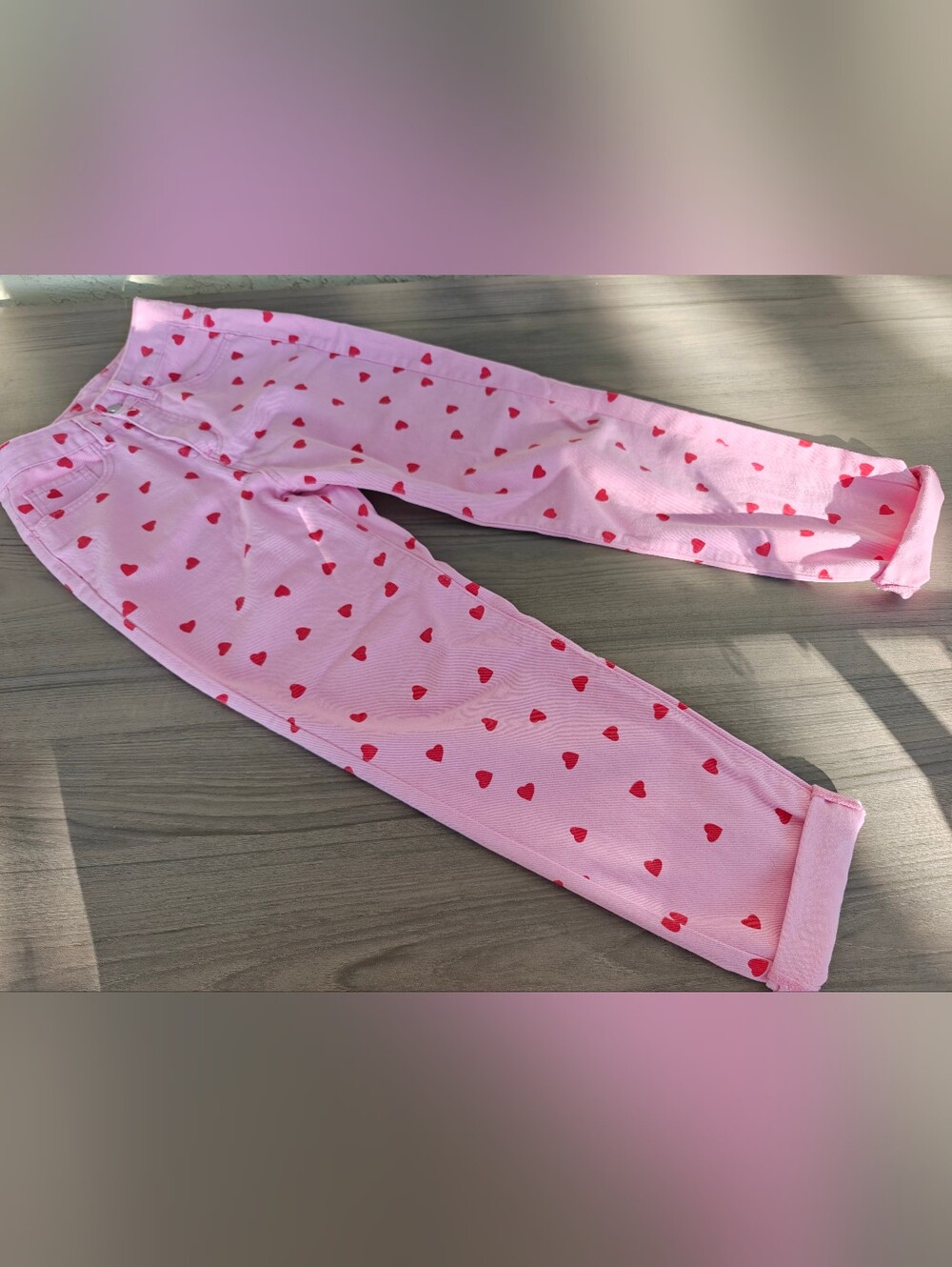 EARLY SHEIN Pink with Red Heart Print Denim xs